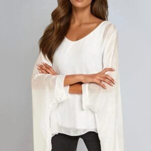 white silk batwing sleeve round neck blouse